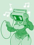  bikini bikini_bottom breasts clothed clothing female green_theme headphones limebreaker machine not_furry phone robot solo standing swimsuit thick_thighs voluptuous 