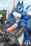  2009 abs balls big_penis building car city destruction digimon digimon_(species) erection exveemon flooding high-angle_view horn huge_penis humanoid_penis kencougr macro male markings messy muscular muscular_male nipples nude penis precum smile solo standing train vehicle vein wings xbuimonsama 
