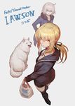  ahoge artoria_pendragon_(all) bag blonde_hair boots dog eyebrows_visible_through_hair fate/grand_order fate_(series) fur_trim hair_between_eyes highres jacket jeanne_d'arc_(alter)_(fate) jeanne_d'arc_(fate)_(all) jewelry lack lawson long_hair looking_back multiple_girls necklace ponytail saber_alter shopping_bag short_hair silver_hair simple_background wicked_dragon_witch_ver._shinjuku_1999 