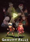  3girls 6+boys aerosol_(artist) beard bill_cipher dipper_pines facial_hair fur_hat gravity_falls hat highres hood hoodie long_hair mabel_pines multiple_boys multiple_girls pacifica_northwest pig soos stanley_pines trench_coat ushanka waddles wendy_corduroy 