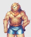  2017 abs anthro biceps clothing digital_media_(artwork) feline lion male mammal muscular muscular_male nipples pecs standing syukouakanaru teeth underwear 