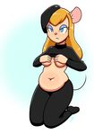  2017 5_fingers alternate_costume anthro belly beret blank_stare blonde_hair blue_eyes breasts chip_&#039;n_dale_rescue_rangers clothing covering covering_breasts digital_media_(artwork) disfigure disney female gadget_hackwrench hair half-closed_eyes hat hi_res kneeling light_skin long_hair mammal mouse navel portrait raised_shirt rodent simple_background slightly_chubby solo sweater under_boob 