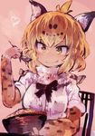  absurdres animal_ears bangs blonde_hair bow bowl bowtie chair check_commentary commentary_request eating elbow_gloves eyebrows_visible_through_hair fur_trim gloves heart highres holding jaguar_(kemono_friends) jaguar_ears jaguar_tail kaamin_(mariarose753) kemono_friends pink_background rice short_hair short_sleeves sitting smile solo spoon tail upper_body yellow_eyes 