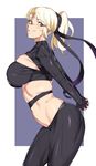  :d alternate_hair_color black_gloves black_pants blonde_hair blush breasts brown_eyes cowboy_shot eyebrows_visible_through_hair facial_mark fingerless_gloves forehead_mark gloves grin highres kagami_kanaka large_breasts leaning_forward long_hair looking_at_viewer looking_to_the_side navel open_mouth own_hands_together pants pointy_nose ponytail purple_background skindentation smile solo standing teeth tight tight_pants tsugumomo tsurime two-tone_background urec 