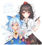  2girls black_hair black_ribbon black_skirt blue_bow blue_dress blue_eyes blue_hair blush bow cirno collared_shirt commentary dated dress flower fountain_pen frilled_sleeves frills grin hair_between_eyes hair_bow hajin hand_on_another's_head hat height_difference ice ice_wings leaf leaf_print looking_at_viewer melting morning_glory multiple_girls neck_ribbon one_eye_closed pen pom_pom_(clothes) puffy_short_sleeves puffy_sleeves purple_flower red_eyes red_flower red_hat ribbon shameimaru_aya shirt short_sleeves skirt smile sunflower tan tanned_cirno tokin_hat touhou white_background white_shirt wings 