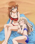  artist_request ass beach bikini blonde_hair blue_bikini blue_eyes blush breasts brown_hair charlotte_e_yeager closed_eyes cuddling day glasses large_breasts multiple_girls navel non-web_source perrine_h_clostermann red_bikini small_breasts smile strike_witches swimsuit world_witches_series yuri 