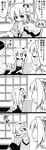  3girls 4koma absurdres bangs bell blunt_bangs chair closed_eyes comic commentary desk eyebrows_visible_through_hair flower futa_(nabezoko) greyscale hair_bell hair_flower hair_intakes hair_ornament hidden_eyes hieda_no_akyuu highres index_finger_raised japanese_clothes leg_up long_hair long_sleeves looking_at_viewer monochrome motoori_kosuzu multiple_girls open_mouth rolled short_hair sitting skirt touhou towel translated wide_sleeves window wiping_face 