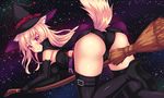  animal_ears ass bangs black_footwear black_gloves black_panties blonde_hair blush boots breasts broom broom_riding cape closed_mouth commentary elbow_gloves fast-runner-2024 fox_ears fox_tail gloves hat highres looking_at_viewer medium_breasts original panties red_eyes sky smile solo star_(sky) starry_sky tail thigh_boots thighhighs underwear witch witch_hat 