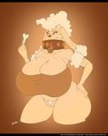  2017 absurd_res anthro big_breasts bone bottomless breasts canine clothed clothing collar dog female fluffy french_poodle gin-blade hair hand_on_hip hi_res huge_breasts hyper mammal orange_theme poodle pussy slightly_chubby solo thick_thighs tongue tongue_out voluptuous wide_hips 