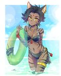  :o animal_ears armlet ass_visible_through_thighs beach black_hair blue_sky bracelet cloud commentary_request dark_skin day earrings forehead_jewel green_innertube groin hoop_earrings iesupa innertube jewelry looking_at_viewer navel o-ring o-ring_bikini o-ring_bottom outdoors rwby short_hair sienna_khan sky solo sparkle thighlet tiger_ears tiger_stripes transparent wading water yellow_eyes 