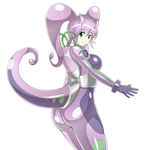  absurdres ass bodysuit breasts commentary cowboy_shot gen_6_pokemon goodra green_eyes highres large_breasts lavender_hair long_hair looking_at_viewer looking_back open_mouth personification pokemon pokemon_(game) pokemon_xy shoukin500 skin_tight smile solo twintails 