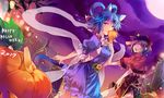  2girls :d animal_ears beret black_hair blue_dress blue_eyes blue_hair brown_eyes cat_ears cat_tail closed_mouth commentary_request cowboy_shot dress flower hagoromo hair_ornament hair_rings hair_stick halloween happy_halloween hat jack-o'-lantern jiangshi kaku_seiga kemonomimi_mode kutsuki_kai looking_at_viewer miyako_yoshika multiple_girls night ofuda open_clothes open_mouth open_vest outstretched_arms puffy_short_sleeves puffy_sleeves shawl short_sleeves smile tail touhou vest zombie_pose 