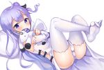  2drr ahoge ass azur_lane commentary covered_mouth detached_sleeves doll_hug dress hair_ribbon highres long_hair looking_at_viewer lying no_shoes one_side_up panties pantyshot pantyshot_(lying) purple_eyes purple_hair ribbon simple_background solo stuffed_alicorn stuffed_animal stuffed_toy thighhighs underwear unicorn_(azur_lane) white_background white_dress white_legwear white_panties 