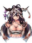  bandaged_head bandages black_gloves blood bloody_bandages blush breasts claw_pose collarbone cropped_torso danua draph fingerless_gloves gloves granblue_fantasy hair_between_eyes halloween horn_ornament horns large_breasts long_hair looking_at_viewer open_mouth pink_eyes pointy_ears purple_hair sahara_misaki simple_background solo star upper_body white_background 