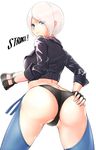  angel_(kof) ass bangs black_gloves black_panties blue_eyes breasts butt_crack chaps commentary_request comugico cropped_jacket fingerless_gloves from_behind gloves handjob_gesture hands_on_own_ass highres looking_back masturbation_invitation medium_breasts naughty_face panties silver_hair solo sweat swept_bangs text_focus the_king_of_fighters underwear white_background 
