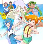  4girls :d ;d aqua_eyes aqua_shorts arm_up bangs bare_arms bare_shoulders blonde_hair blue_eyes blue_hair blunt_bangs blunt_ends boots braid breast_pocket closed_eyes collarbone crop_top dark_skin dress eyebrows_visible_through_hair gen_1_pokemon green_eyes green_hair groin hands_on_hips hands_up holding holding_poke_ball kasumi_(pokemon) lillie_(pokemon) long_hair looking_back looking_to_the_side mao_(pokemon) multiple_boys multiple_girls navel one_eye_closed open_mouth orange_hair outstretched_arms pikachu pocket poke_ball poke_ball_(generic) pokemon pokemon_(anime) pokemon_(creature) pokemon_sm_(anime) satoshi_(pokemon) shirt short_hair short_shorts short_sleeves shorts side_ponytail sleeveless smile spiked_hair striped striped_shirt suiren_(pokemon) suspender_shorts suspenders t-shirt takeshi_(pokemon) twin_braids white_dress yonecchi 
