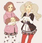  2girls blonde_hair blue_eyes brown_eyes brown_hair curly_hair hair_ornament hairclip highres hood hoodie jivke multiple_girls okumura_haru pantyhose persona persona_5 plaid plaid_skirt red_legwear sanrio short_twintails skirt sweater takamaki_anne twintails white_legwear 