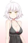  &gt;:( ahoge bangs bare_arms bare_shoulders blush bow breasts cleavage eyebrows_visible_through_hair fate/grand_order fate_(series) frown gradient gradient_background highres jeanne_d'arc_(alter)_(fate) jeanne_d'arc_(fate)_(all) lingerie looking_at_viewer medium_breasts negligee nenosame pink_background pink_bow short_hair silver_hair solo spaghetti_strap tsurime underwear underwear_only upper_body v-shaped_eyebrows yellow_eyes 