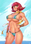  bikini blush bracer breasts cala choker cleavage collar collarbone commentary day elf green_bikini green_eyes hand_on_hip hand_on_thigh large_breasts navel o-ring o-ring_bikini ocean outdoors pointy_ears red_hair ribbon_choker short_hair smile solo standing swimsuit typo_(requiemdusk) viper viper_rsr 