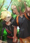  black_hair blonde_hair dark_skin dark_skinned_male gladio_(pokemon) green_eyes green_hair hair_over_one_eye hau_(pokemon) holding_hands hood hoodie multiple_boys open_mouth pokemon pokemon_(game) pokemon_sm shirt short_hair shorts smile source_request t-shirt wadani_hitonori 