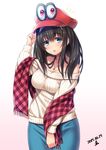  1girl arm_up black_hair blue_eyes blush breasts cappy_(mario) checkered checkered_scarf cowboy_shot crossover dated eyebrows_visible_through_hair fringe_trim gradient gradient_background hairband hand_on_headwear hat highres idolmaster idolmaster_cinderella_girls jewelry large_breasts long_hair long_sleeves mario_(series) necklace off-shoulder_sweater pendant pink_background red_eyes red_hat red_scarf sagisawa_fumika scarf signature solo standing super_mario_bros. super_mario_odyssey sweater tareme yellow_sweater yoohi 