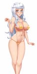  aqua_eyes bangs bikini blunt_bangs blush breasts closed_mouth commentary_request covered_nipples cowboy_shot hanakai_momo high_school_dxd large_breasts long_hair looking_at_viewer micro_bikini navel silver_hair simple_background smile solo stomach swimsuit twrlare wavy_hair white_background yellow_bikini 