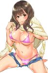  arm_up armpits ass_visible_through_thighs bangs bare_legs barefoot bikini bikini_under_clothes blush breasts brown_eyes brown_hair cameltoe clothes_lift commentary_request covered_nipples cutoffs denim denim_shorts highres large_breasts lifted_by_self lips long_hair long_sleeves looking_at_viewer navel open_fly original pink_bikini pink_ribbon ribbed_sweater ribbon shigaoka short_shorts shorts shorts_pull side-tie_bikini simple_background sitting skindentation solo stomach sweater sweater_lift swimsuit tareme underboob wariza white_background 