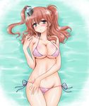  bikini blush breasts brown_hair cleavage collarbone commentary_request groin hair_ornament kantai_collection large_breasts looking_at_viewer lying navel ponytail purple_bikini saratoga_(kantai_collection) silver_eyes solo swimsuit tachibana_hiroki 