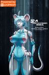  2017 android anthro big_breasts blue_eyes blue_hair breasts cybernetics female glowing glowing_eyes hair invalid_tag libra-11 machine mammal mouse navel nipples patreon pussy robot rodent smile solo 
