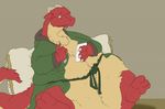  4_fingers 4_toes anthro belly big_belly bluewhale127 bottomless claws clothed clothing dragon fur furred_dragon green_eyes horn kemono lying male overweight pajamas phone pillow solo toes 