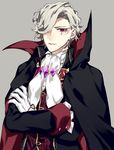  edmond_dantes_(fate/grand_order) fate/grand_order fate_(series) formal highres looking_at_viewer male_focus red_eyes short_hair simple_background smile suit syubare vampire wavy_hair white_hair 