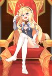  azur_lane black_hairband blonde_hair blue_eyes blush boronoki crossed_legs crown fang flat_chest gloves hairband highres long_hair no_shoes open_mouth queen_elizabeth_(azur_lane) sitting solo thighhighs throne throne_room white_gloves white_legwear 