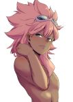  1boy blush brown_hair dark_skin dark_skinned_male goggles goggles_on_head grey_eyes highres inazuma_eleven inazuma_eleven_(series) long_hair male_focus multiple_boys pink_hair shiroabe shirtless smile solo tsunami_jousuke 