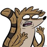  2017 anthro brown_fur cartoon_network digital_drawing_(artwork) digital_media_(artwork) fur hi_res male mammal morl3y nude open_mouth procyonid raccoon reaction_image regular_show rigby_(regular_show) simple_background solo standing striped_tail stripes teeth toony white_background 