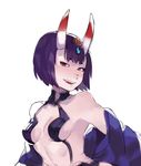  :d armpits bangs bare_shoulders blush breasts eyeshadow fang fate/grand_order fate_(series) highres horns idk-kun japanese_clothes kimono looking_at_viewer makeup off_shoulder oni oni_horns open_mouth purple_eyes purple_hair purple_kimono revealing_clothes short_eyebrows shuten_douji_(fate/grand_order) simple_background sketch small_breasts smile solo upper_body white_background 