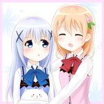  :3 :d :o ^_^ angora_rabbit animal bangs blue_eyes blue_neckwear blue_vest blush border bow bowtie breasts bunny buttons closed_eyes collared_shirt eyebrows_visible_through_hair facing_another gochuumon_wa_usagi_desu_ka? hair_between_eyes hair_ornament hairclip holding holding_animal hoto_cocoa kafuu_chino light_blue_hair long_hair lunatic. multiple_girls open_mouth orange_hair outstretched_arms pink_border pink_vest rabbit_house_uniform red_neckwear shirt sidelocks small_breasts smile tippy_(gochiusa) two-tone_background upper_body vest white_shirt wing_collar x_hair_ornament 