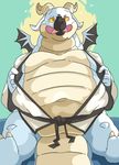 anthro belly big_belly bluewhale127 claws clothed clothing dragon horn kemono male moobs navel open_mouth open_shirt overweight scalie security_dragon small_wings tongue wings yellow_sclera 