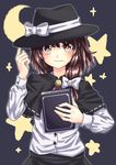  black_capelet blouse book brown_eyes brown_hair capelet crescent_moon hair_ribbon hat highres looking_at_viewer moon ramie_(ramie541) ribbon short_hair smile solo star star-shaped_pupils symbol-shaped_pupils touhou upper_body usami_renko 