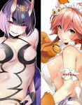  2girls :p animal_ears armband bare_shoulders bell black_eyes breasts cat_hair_ornament eyebrows_visible_through_hair fate/grand_order fate_(series) hair_ornament highres horns jewelry jingle_bell marushin_(denwa0214) multiple_girls open_mouth purple_hair red_hair shuten_douji_(fate/grand_order) side-by-side sideboob smile tamamo_(fate)_(all) tamamo_cat_(fate) tongue tongue_out yellow_eyes 