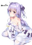  :o azur_lane bangs bare_shoulders black_bow black_ribbon blush bow collarbone commentary_request dress elbow_gloves eyebrows_visible_through_hair gloves hair_ribbon henet_hene holding holding_stuffed_animal long_hair looking_at_viewer looking_to_the_side parted_lips purple_eyes purple_hair ribbon simple_background sitting solo strapless strapless_dress stuffed_alicorn stuffed_animal stuffed_toy thighhighs twitter_username two_side_up unicorn_(azur_lane) very_long_hair wariza white_background white_dress white_gloves white_legwear 