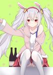  animal_ears azur_lane bangs between_legs blush bottle bunny_ears camisole closed_mouth commentary_request eyebrows_visible_through_hair green_background grey_hair hand_between_legs highres jacket kiyomin laffey_(azur_lane) long_hair looking_to_the_side open_clothes open_jacket panties pantyshot pantyshot_(sitting) pleated_skirt red_eyes red_skirt sake_bottle sidelocks simple_background sitting skirt solo striped striped_panties thighhighs twintails underwear very_long_hair white_hair 