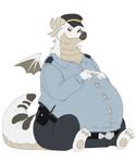  anthro belly belt big_belly bluewhale127 button_(disambiguation) button_(fastener) clothing dragon hat horn hyper hyper_belly kemono looking_at_viewer male overweight pawpads paws scalie security_dragon shy sitting small_wings smile uniform wings yellow_sclera 