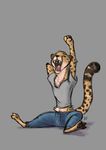  2017 anthro barefoot bluedouble cheetah clothed clothing disney eyes_closed fan_character feline fur grey_background male mammal open_mouth pawpads sharp_teeth signature simple_background sitting solo spots spotted_fur stretching teeth yawn zootopia 