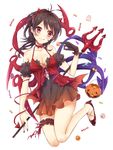  asymmetrical_wings bare_legs bare_shoulders basket black_dress black_hair black_nails breasts candy closed_mouth commentary_request dress fake_horns food full_body hairband halterneck high_heels houjuu_nue jack-o'-lantern konnyaku_(yuukachan_51) leg_garter licking_lips medium_breasts nail_polish polearm red_eyes red_footwear red_hairband red_nails shoes short_dress simple_background solo tongue tongue_out touhou trident weapon white_background wings 