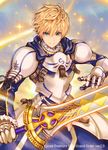  &gt;:) armor arthur_pendragon_(fate) bangs blonde_hair blue_background breastplate closed_mouth commentary_request cowboy_shot excalibur_(fate/prototype) fate/prototype fate/prototype:_fragments_of_blue_and_silver fate_(series) faulds gauntlets holding holding_sword holding_weapon hoshizaki_reita looking_at_viewer male_focus shoulder_armor smile solo sparks spaulders standing sword v-shaped_eyebrows watermark weapon 