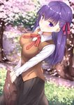  blurry breasts briefcase cherry_blossoms depth_of_field fate/stay_night fate_(series) hair_ribbon half_updo homurahara_academy_uniform large_breasts long_hair long_sleeves matou_sakura purple_eyes purple_hair ribbon rong_yi_tan school_uniform skirt solo 