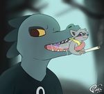  anthro bea bea_(nitw) blush cigarette clothing crocodile crocodilian english_text female female_pred fluffy invalid_tag large_pred macro male male/female male_prey micro micro_on_macro night_in_the_woods nitw open_mouth oral_vore pixelthegryphon reptile scalie signature size_difference small_prey text tongue vore willing_pred ych 