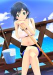  bangs bare_arms bare_shoulders bike_shorts black_shorts blue_hair blue_sky blush bottle breasts broom character_request cleavage closed_mouth cloud collarbone commentary_request crossed_legs day dutch_angle f&amp;c foreshortening green_eyes highres horizon katori_(mocchidou) medium_breasts navel ocean outdoors puddle see-through short_hair shorts sitting sky smile solo sports_bra stomach swept_bangs tareme towel water water_bottle wet wet_clothes 