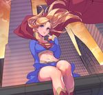  arm_support bangs belt blue_eyes blue_skirt blush breasts building cape cityscape closed_mouth commentary_request cropped_shirt day dc_comics feet_out_of_frame floating_hair from_below kotatsu_(g-rough) legs_together long_hair long_sleeves looking_at_viewer medium_breasts midriff navel outdoors pink_lips pleated_skirt red_cape sitting skirt skyscraper solo sunset supergirl superhero yellow_sky 