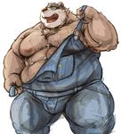  2017 anthro bear brown_fur bulge clothed clothing eyewear fur glasses kotobuki male mammal moobs overweight overweight_male simple_background solo sweat tokyo_afterschool_summoners volos white_background 
